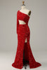 Charger l&#39;image dans la galerie, Sirène Une épaule Paillettes rouges Robe de bal découpée avec front divisé