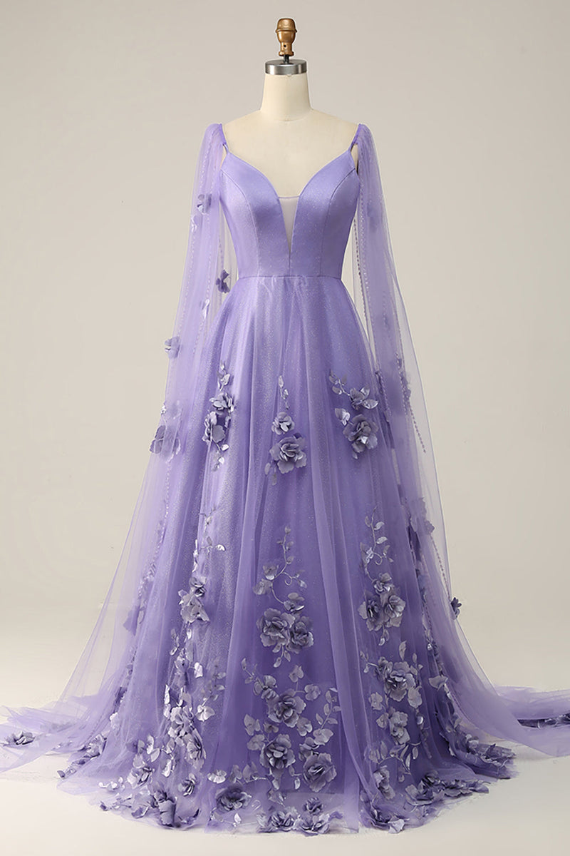 Charger l&#39;image dans la galerie, Robe de bal violette Watteau Train avec fleurs 3D