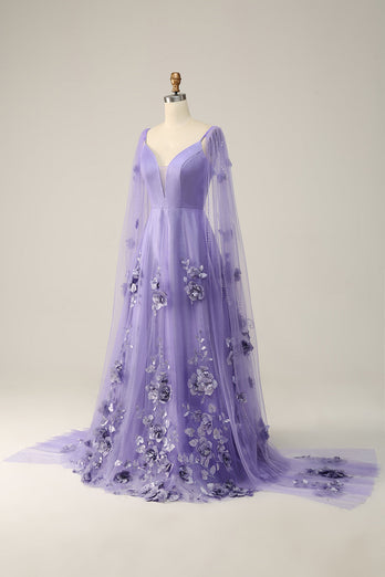 Robe de bal violette Watteau Train avec fleurs 3D