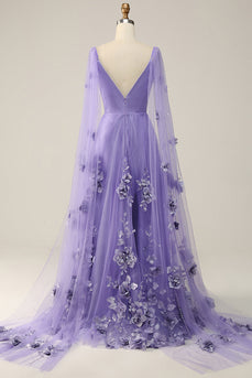 Robe de bal violette Watteau Train avec fleurs 3D