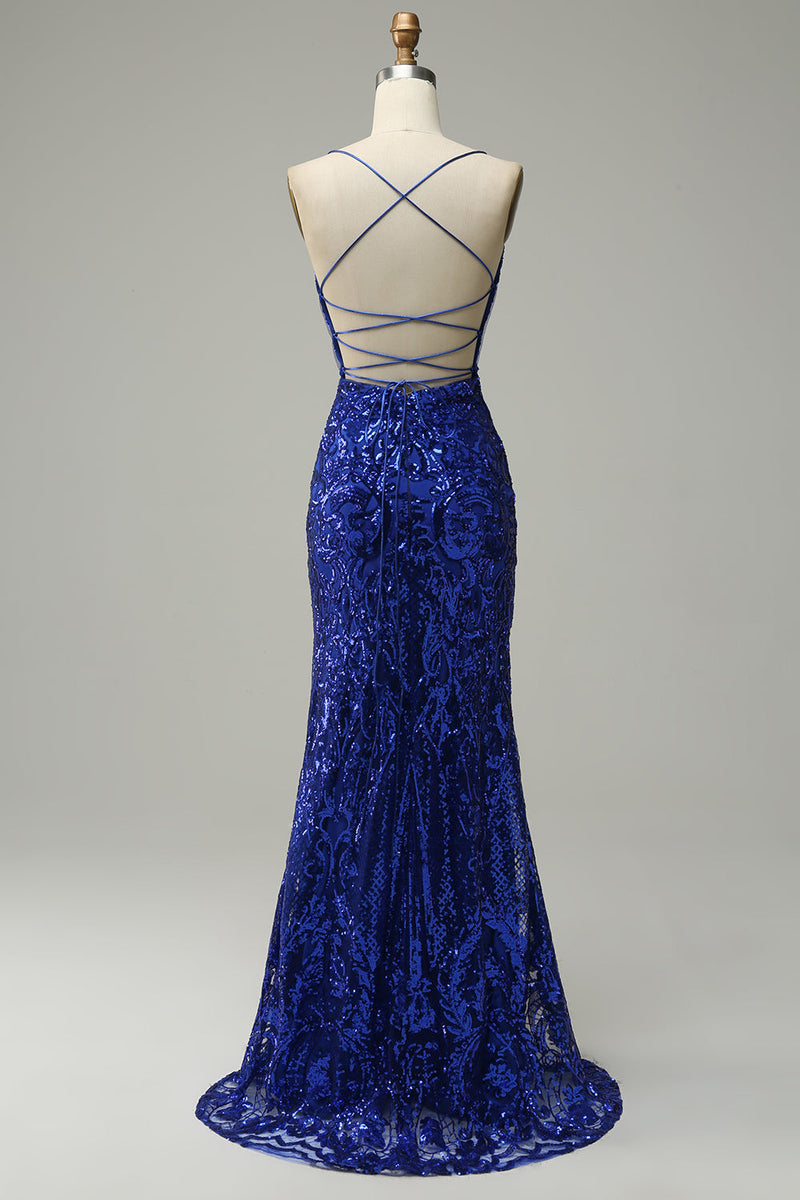 Charger l&#39;image dans la galerie, Sangles Spaghetti Sirène Paillettes Bleu Royal Robe longue de Soirée