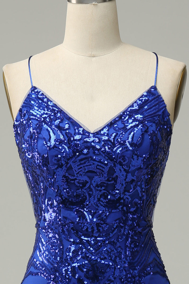 Charger l&#39;image dans la galerie, Sangles Spaghetti Sirène Paillettes Bleu Royal Robe longue de Soirée