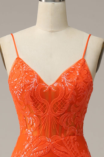 Sangles Spaghetti Sirène Orange Robe de bal longue avec front fendu