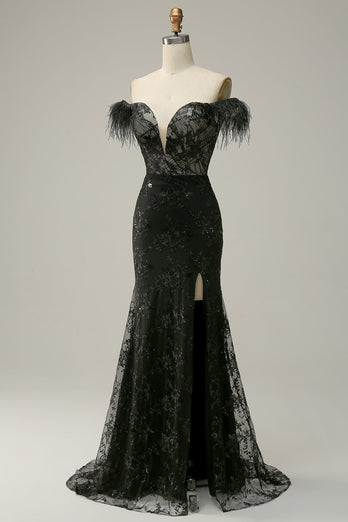 Sirène de l’épaule robe de bal longue noire avec plume