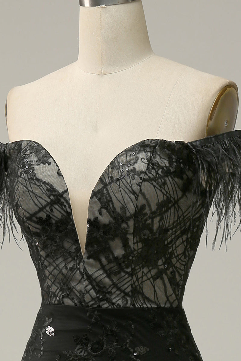 Charger l&#39;image dans la galerie, Sirène de l’épaule robe de bal longue noire avec plume