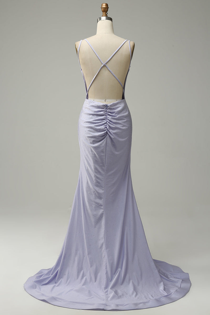 Charger l&#39;image dans la galerie, Sirène Spaghetti Straons Lilas Long Soirée Robe avec Dos Sans Dos