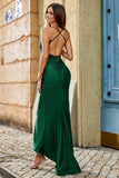 Robe de soirée longue longue à col nu vert foncé sirène à la mode avec des perles Appliques