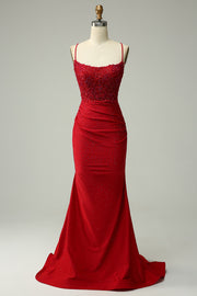 Robe de soirée Sirène Halter Rouge foncé avec appliques