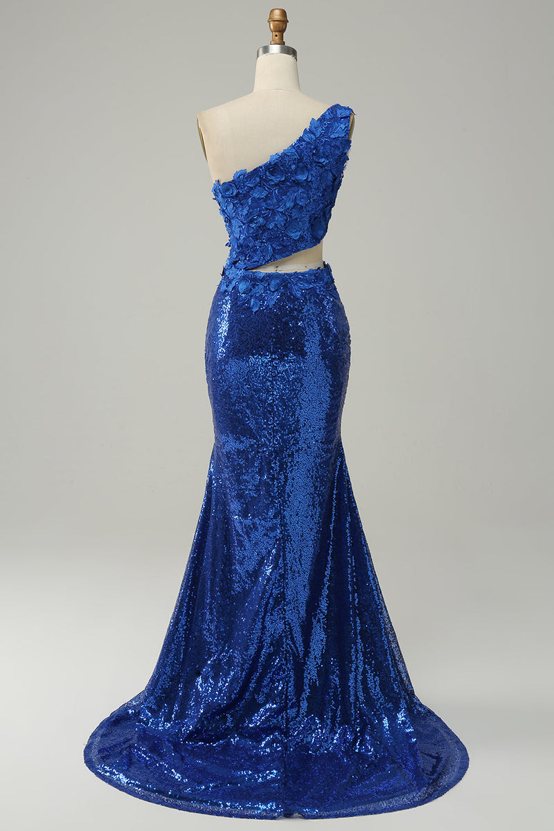 Charger l&#39;image dans la galerie, Sirène Une Épaule Paillettes Bleu Royal Découpées Robe de soirée avec front fendu