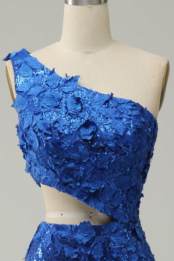 Sirène Une Épaule Paillettes Bleu Royal Découpées Robe de soirée avec front fendu