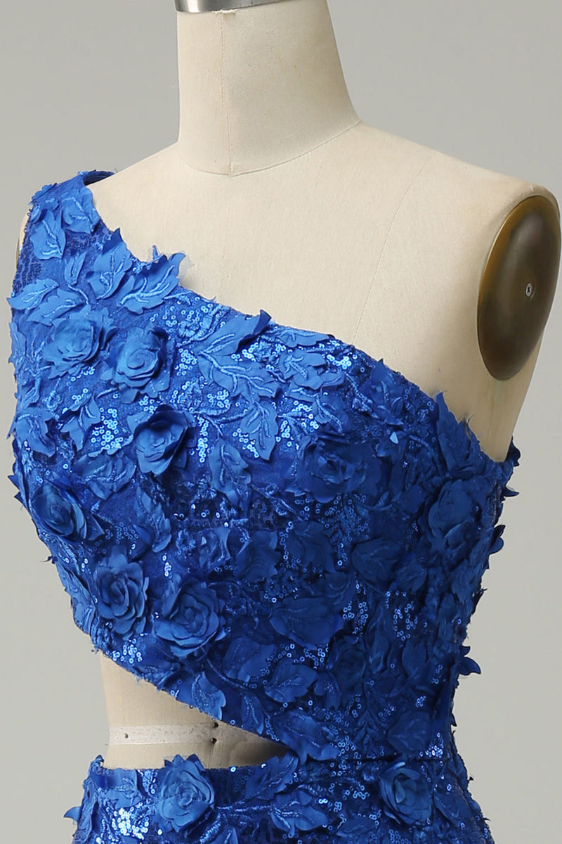 Charger l&#39;image dans la galerie, Sirène Une Épaule Paillettes Bleu Royal Découpées Robe de soirée avec front fendu