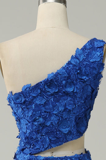 Sirène Une Épaule Paillettes Bleu Royal Découpées Robe de soirée avec front fendu