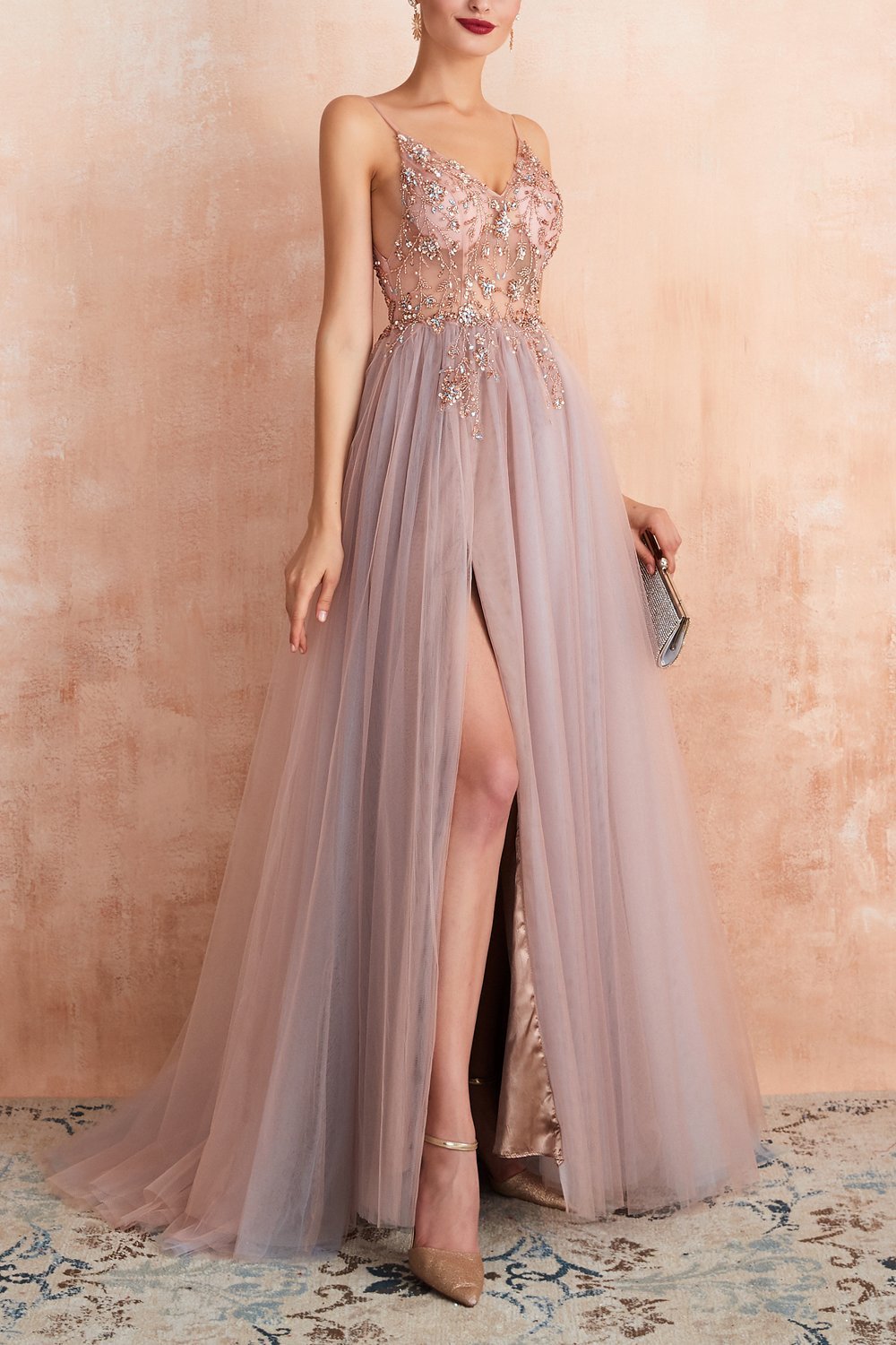 Robe A-ligne Col V Gris Rose en Tulle