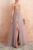 Robe A-ligne Col V Gris Rose en Tulle