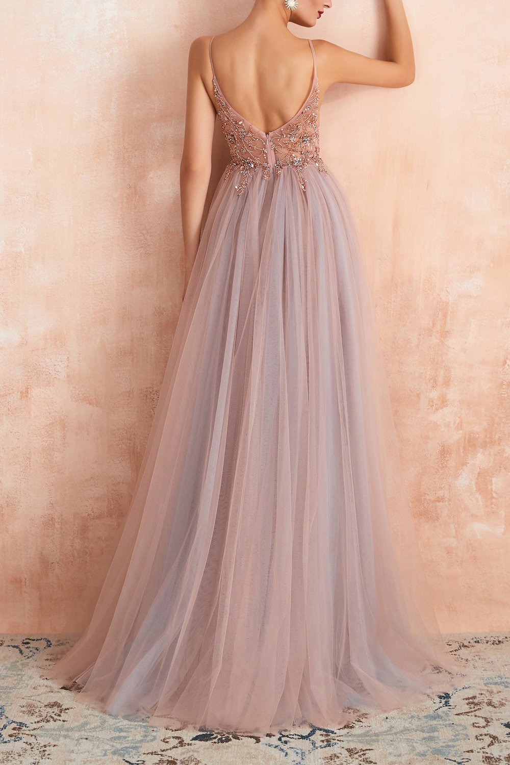 Robe A-ligne Col V Gris Rose en Tulle