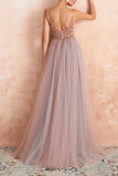 Robe A-ligne Col V Gris Rose en Tulle