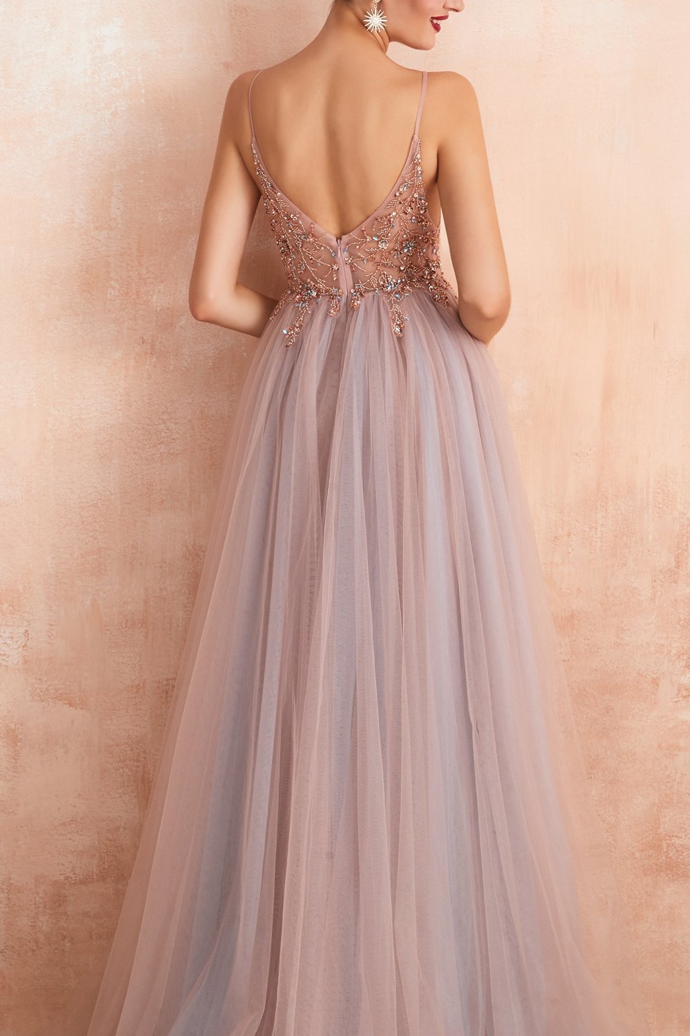 Robe A-ligne Col V Gris Rose en Tulle