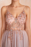 Robe A-ligne Col V Gris Rose en Tulle