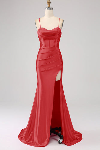 Superbe robe de soirée corset à bretelles spaghetti sirène rouge avec fente devant