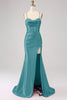 Charger l&#39;image dans la galerie, Superbe robe de soirée corset à bretelles spaghetti sirène noire avec fente devant