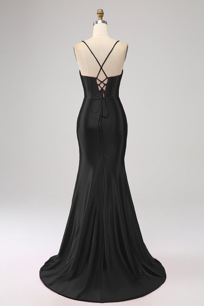 Charger l&#39;image dans la galerie, Superbe robe de soirée corset à bretelles spaghetti sirène noire avec fente devant