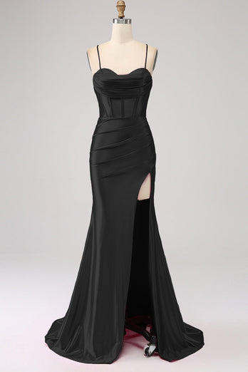 Superbe robe de soirée corset à bretelles spaghetti sirène noire avec fente devant
