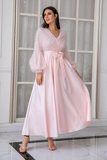 Robe de fête de mariée rose à manches longues