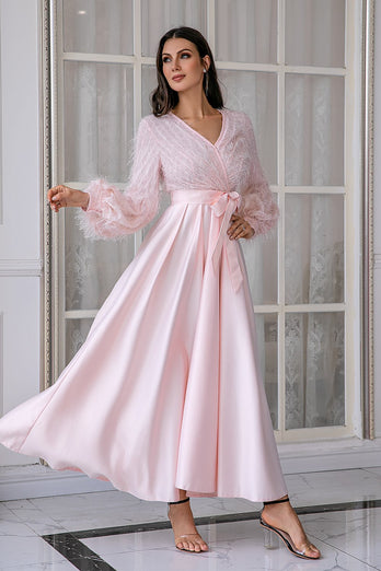 Robe de fête de mariée rose à manches longues