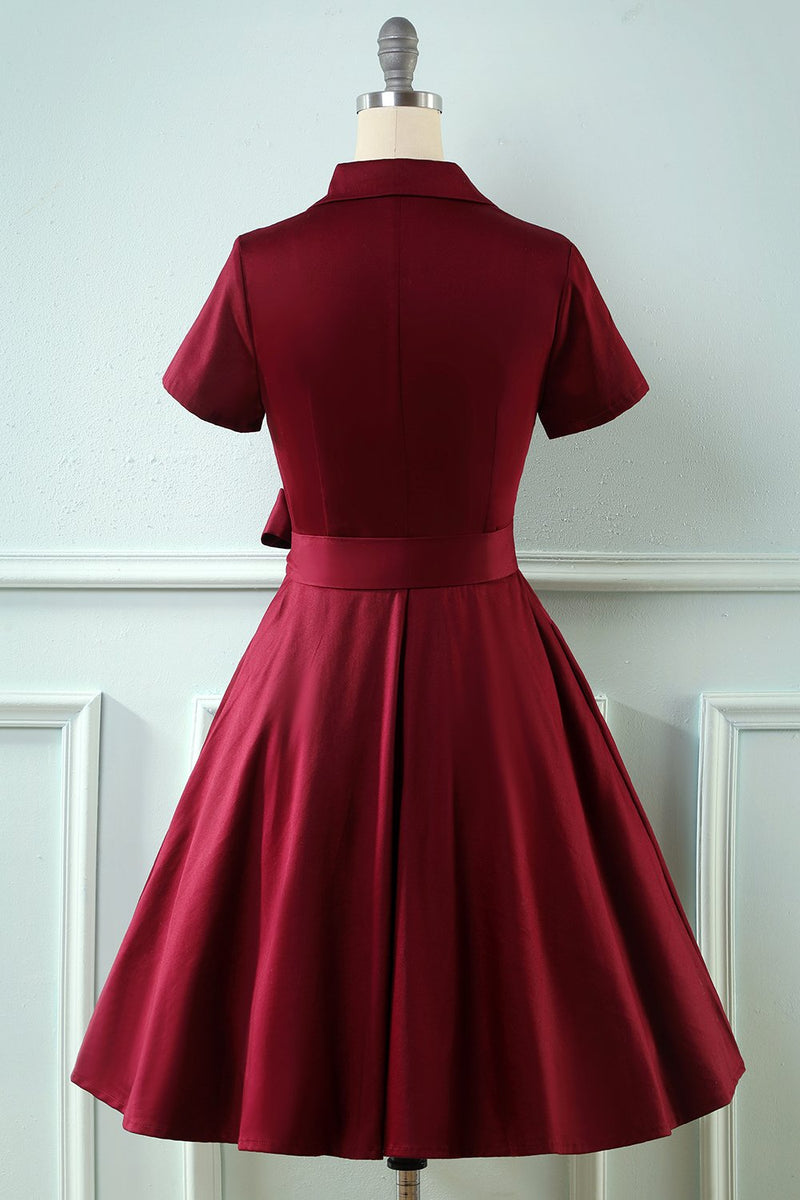 Charger l&#39;image dans la galerie, V Neck Burgundy Vintage Dress avec manches courtes