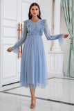 Bleu Manches Longues Tulle Robe De Bal