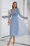 Bleu Manches Longues Tulle Robe De Bal