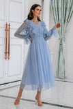 Bleu Manches Longues Tulle Robe De Bal