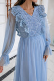 Bleu Manches Longues Tulle Robe De Bal