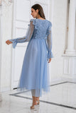 Bleu Manches Longues Tulle Robe De Bal