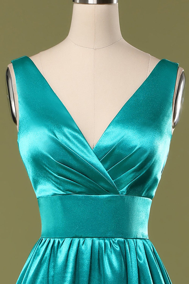 Charger l&#39;image dans la galerie, Robe de demoiselle d&#39;honneur longue turquoise à col en V