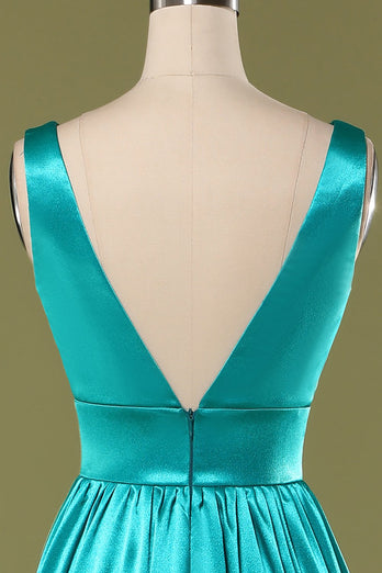 Robe de demoiselle d'honneur longue turquoise à col en V
