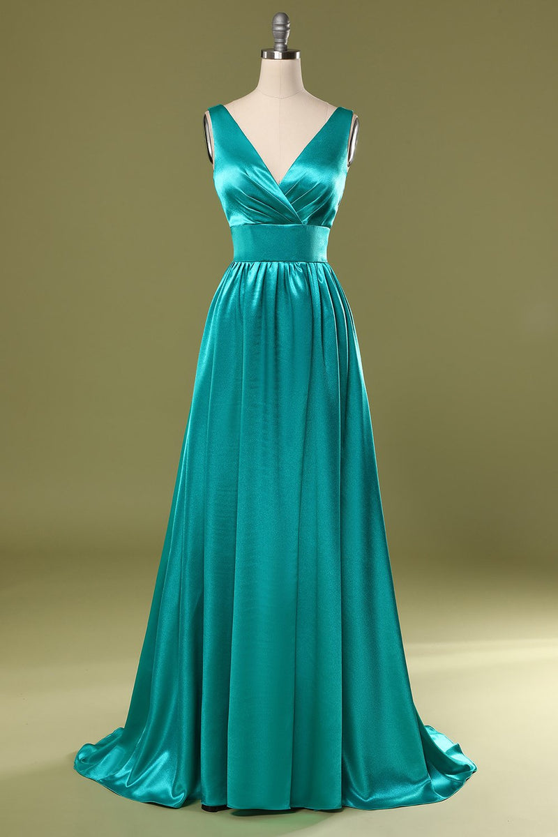 Charger l&#39;image dans la galerie, Robe de demoiselle d&#39;honneur longue turquoise à col en V
