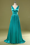 Robe de demoiselle d'honneur longue turquoise à col en V