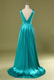 Robe de demoiselle d'honneur longue turquoise à col en V