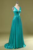 Robe de demoiselle d'honneur longue turquoise à col en V