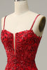 Charger l&#39;image dans la galerie, Sangles Spaghetti Sirène Paillettes rouges Robe longue de bal avec front fendu