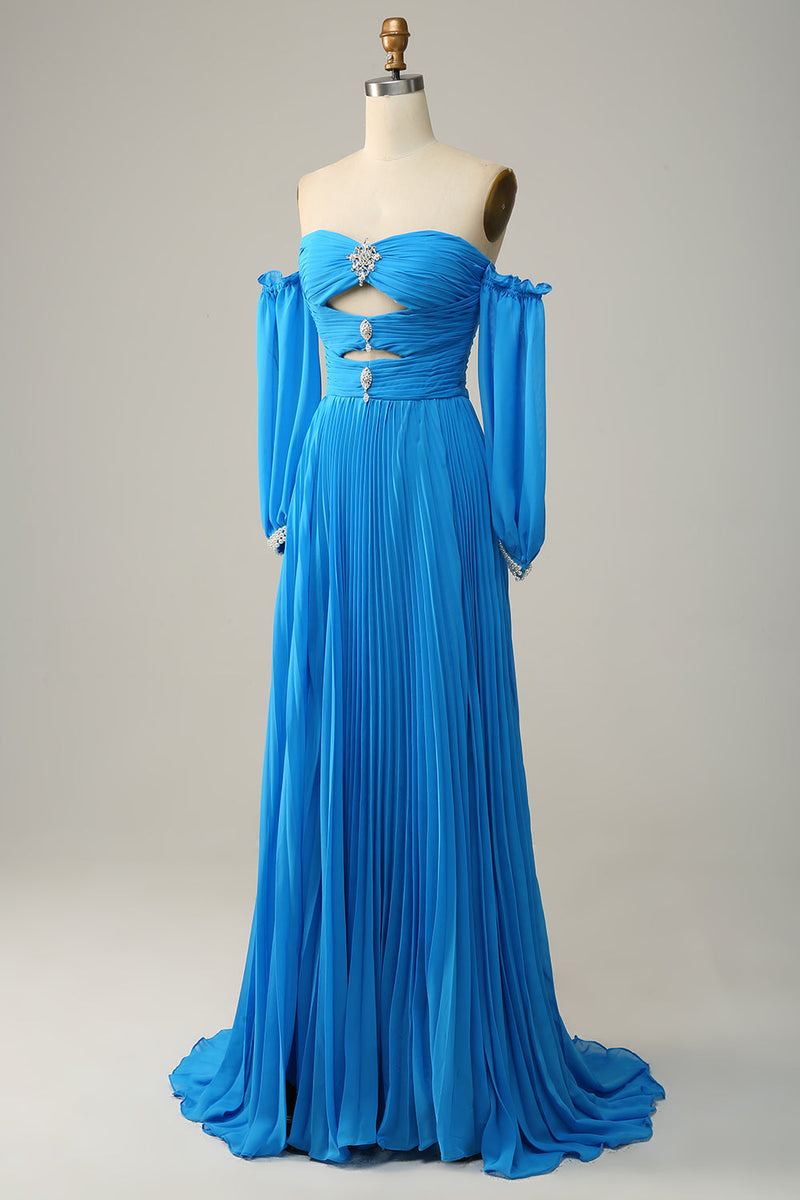 Charger l&#39;image dans la galerie, Une ligne de la robe de Soirée longue bleue à l’épaule avec perles