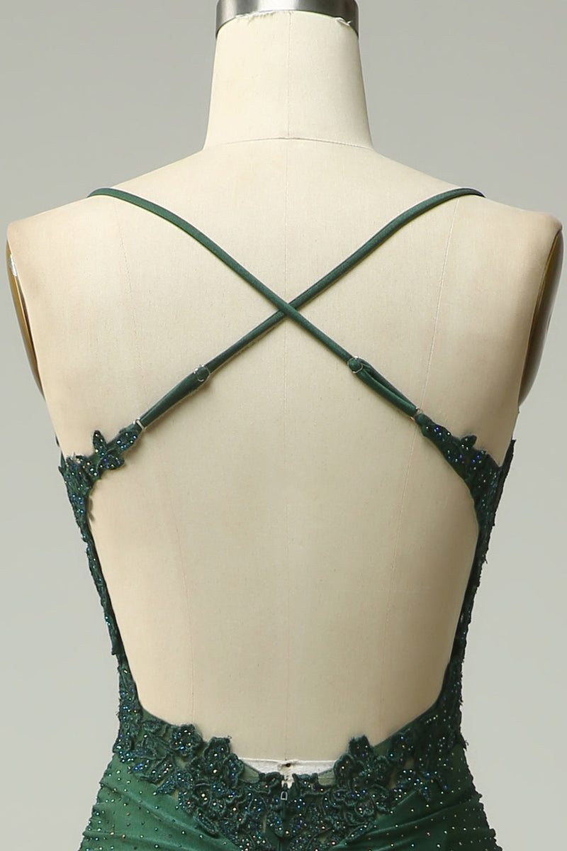 Charger l&#39;image dans la galerie, Mermaid Halter Robe de bal longue vert foncé avec appliques perlage