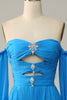 Charger l&#39;image dans la galerie, Une ligne de la robe de Soirée longue bleue à l’épaule avec perles