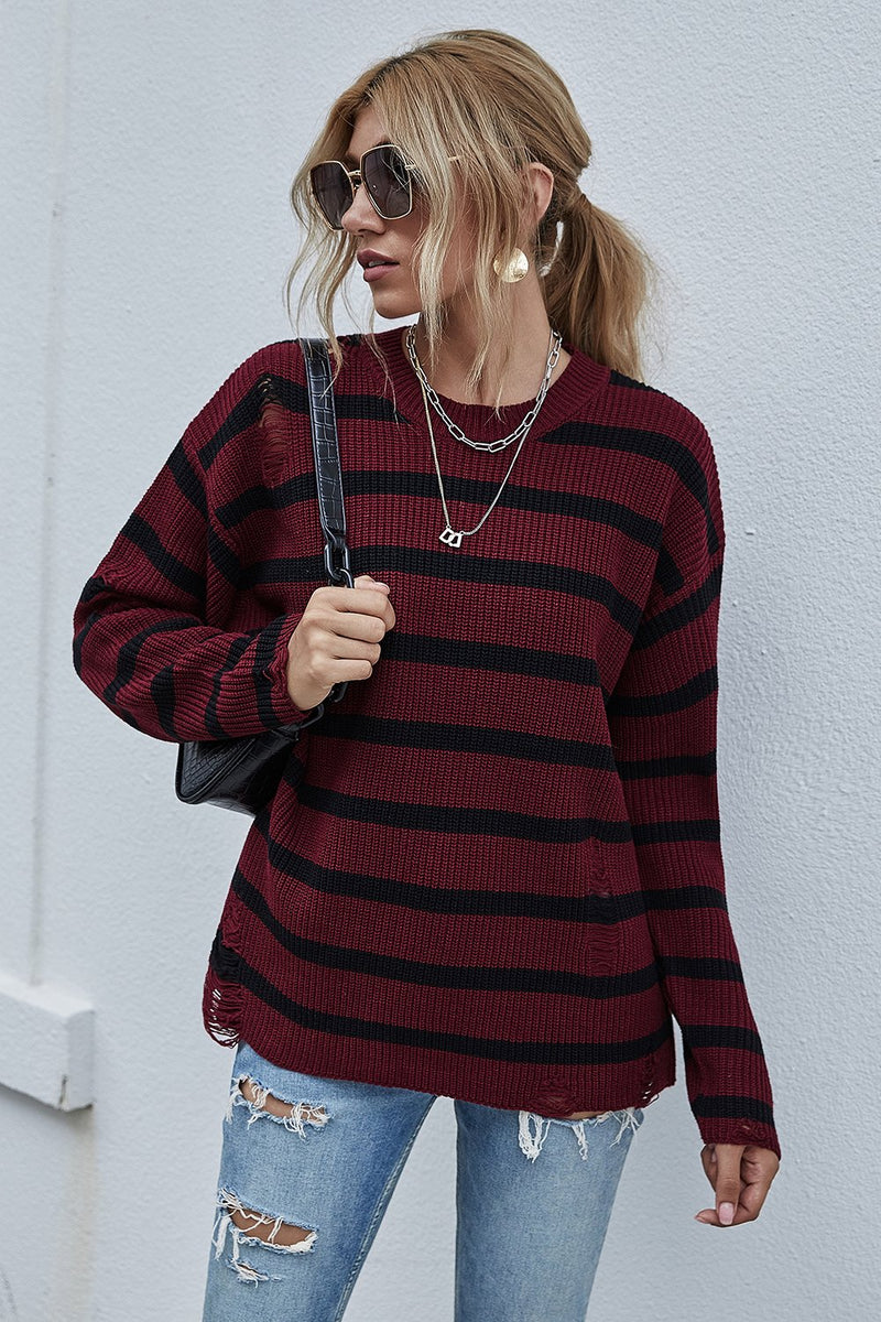 Charger l&#39;image dans la galerie, Loose Stitching Striped Crew Neck Pull