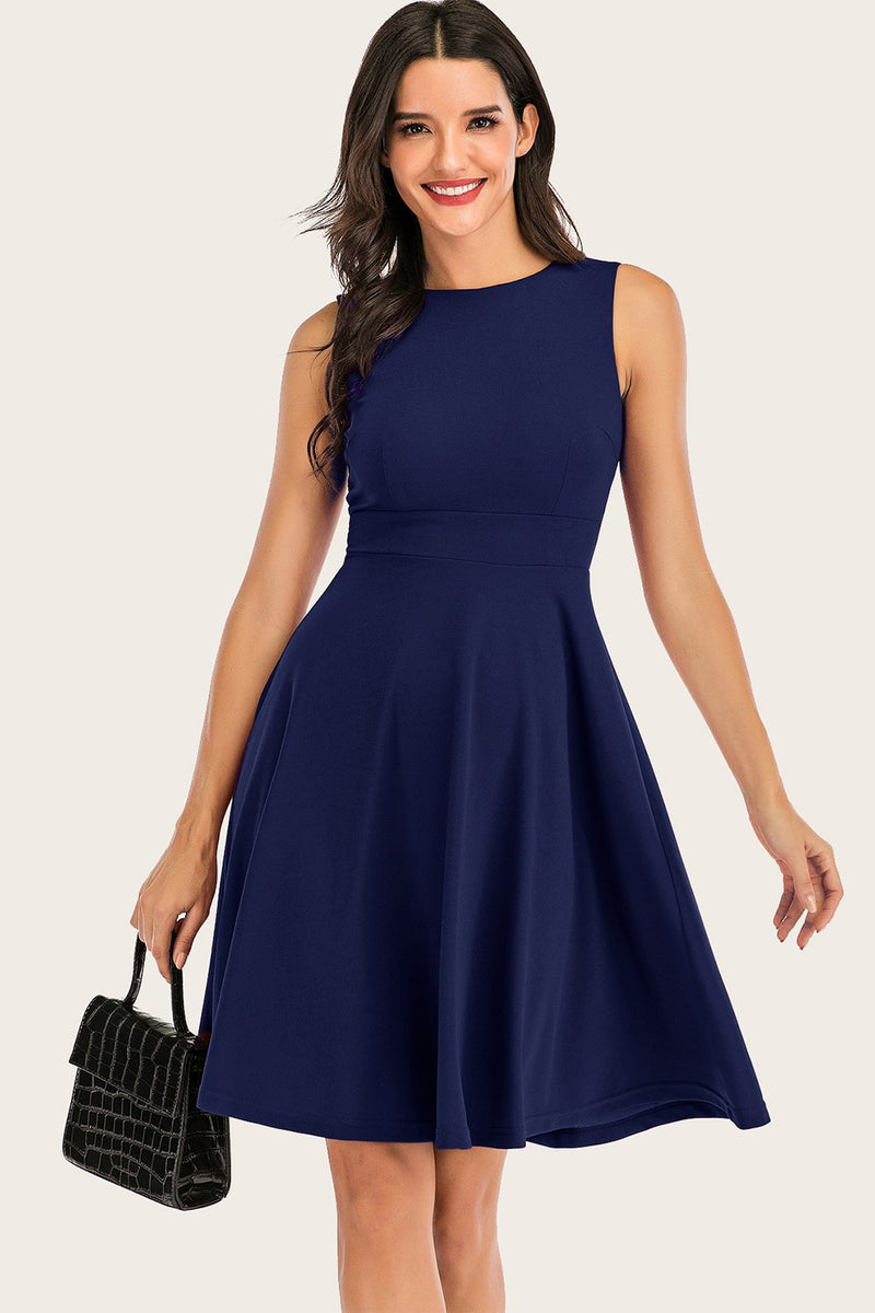 Charger l&#39;image dans la galerie, Navy Solid Sleeveless 1950s Swing Dress