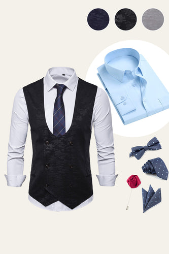 Gilet noir à double poitrine pour hommes avec ensemble d’accessoires de chemise