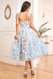 Robe de bal violette A Line Tea Length avec fleurs 3D