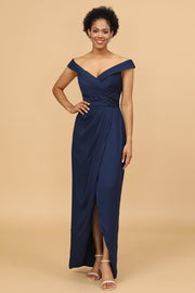 Navy Off The Shoulder Sheath Robe de demoiselle d’honneur