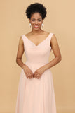 Une ligne V Col Blush Chiffon Longue Robe de demoiselle d’honneur